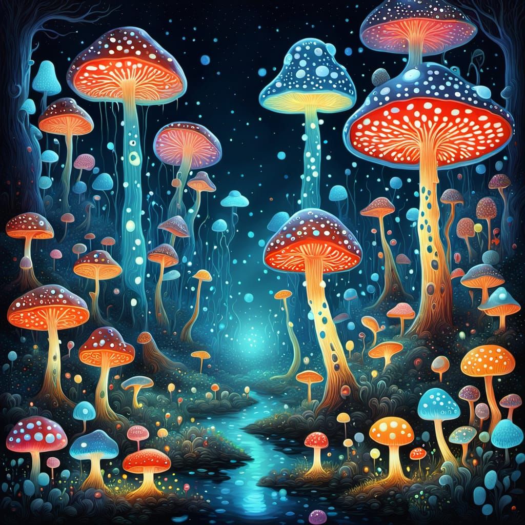 Bioluminescent Mushroom Forest Rave by Whimsical Microbes