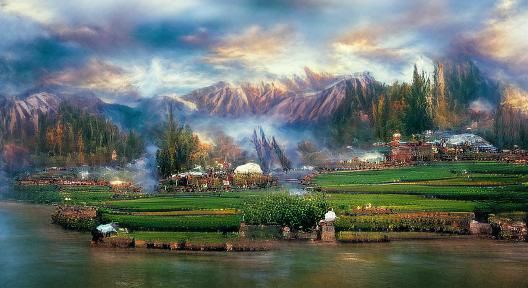fields and mountains of Kashmir concept art Thomas Kinkade