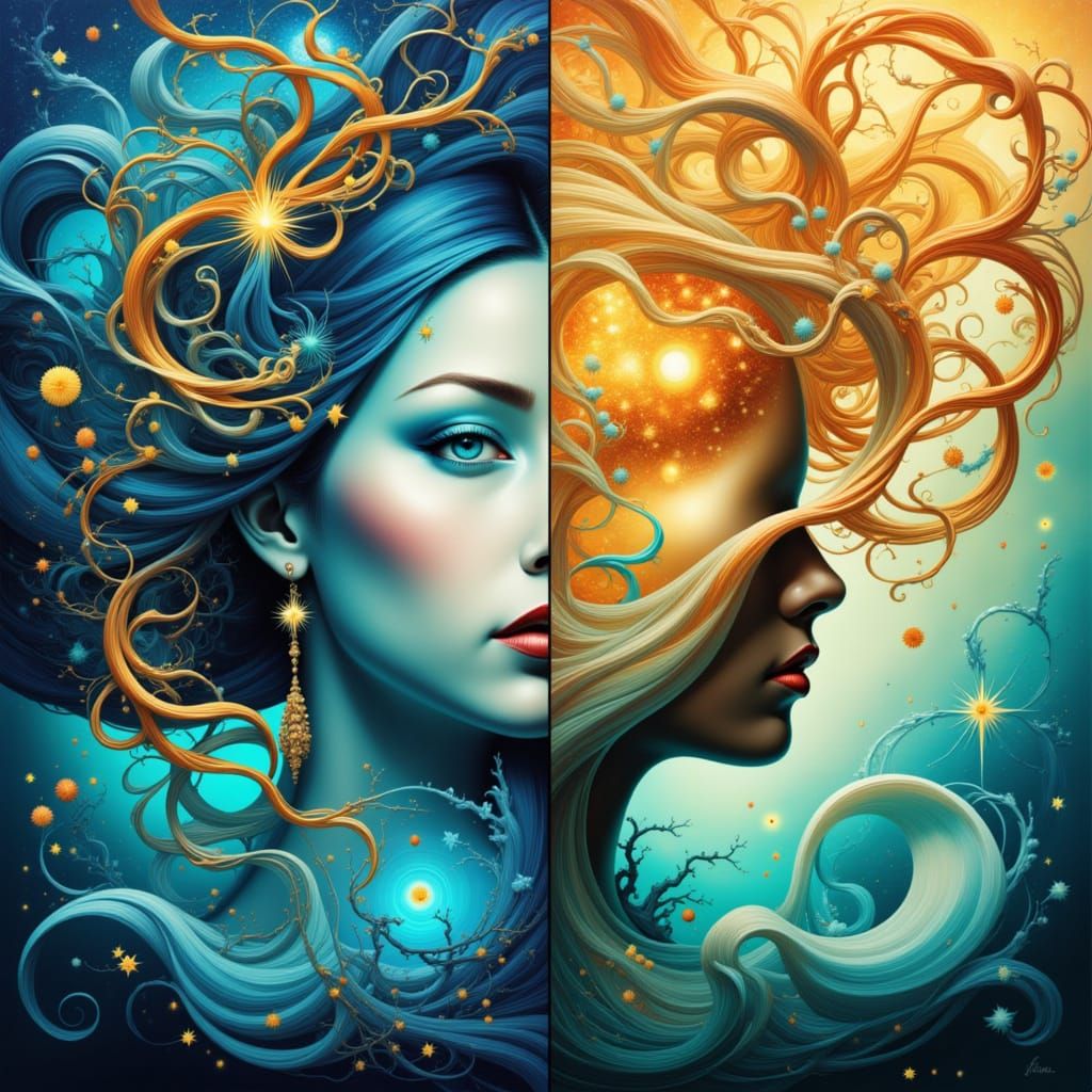 split beauty, split canvas pretty woman, two worlds, teal/gold, swirling vortex <lora:Surreal Rennaisance:1.0>