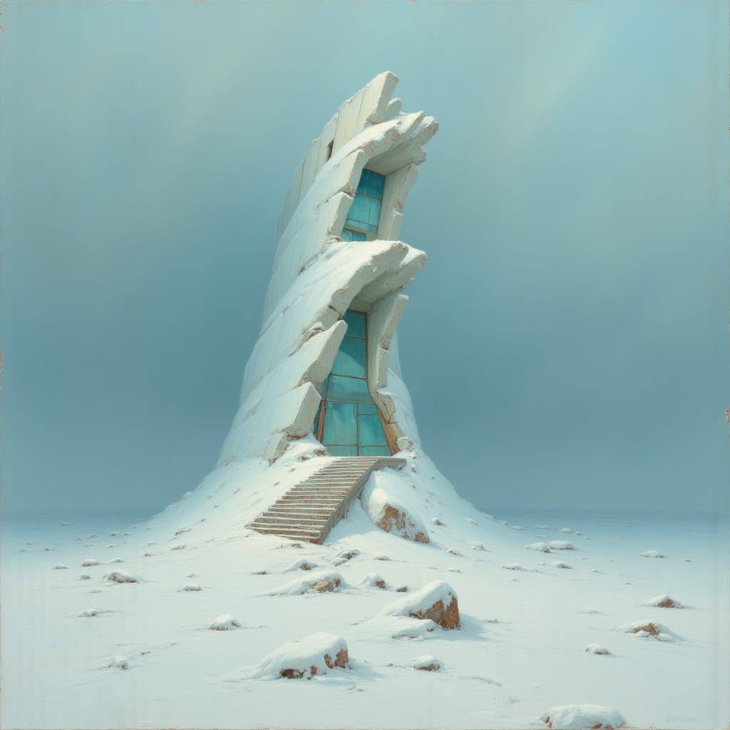 <lora:Brutalist Wilderness:1.0> Oil painting of a brutalist spiral rising from frozen soil in the style of Paul Kenton and Carlo Scarpa. Th...