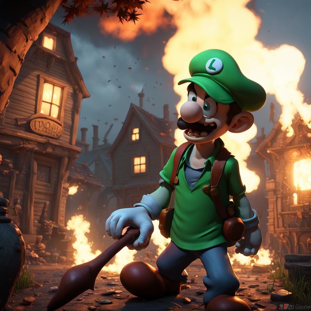 green shirt Luigi  , toad mushroom zombies,big creepy haunted town , vampires ,zombies, werewolf,flame ,big bats ,fog,sh...