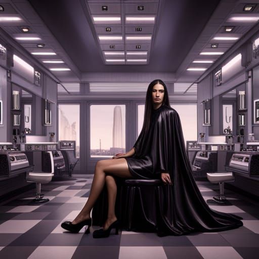 Woman with a smooth bald head wearing a long shiny black hai...