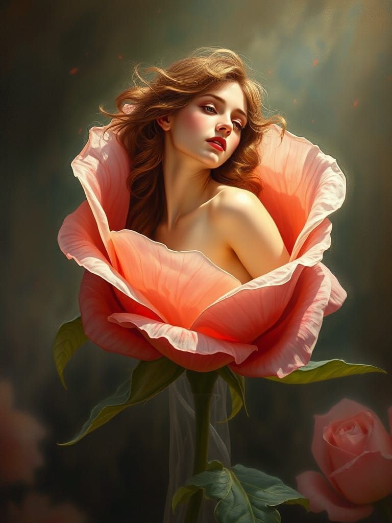 Ethereal Goddess Rises from Rose in Warm, Dreamy Light