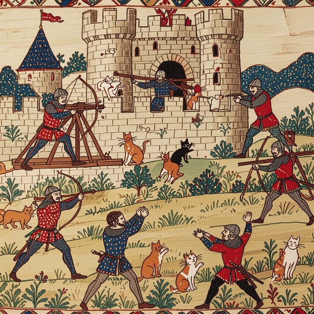 Medieval soldiers on a castle parapet flinging cats with catapults and crossbows to enemy soldiers in a field below the castle who are catch...