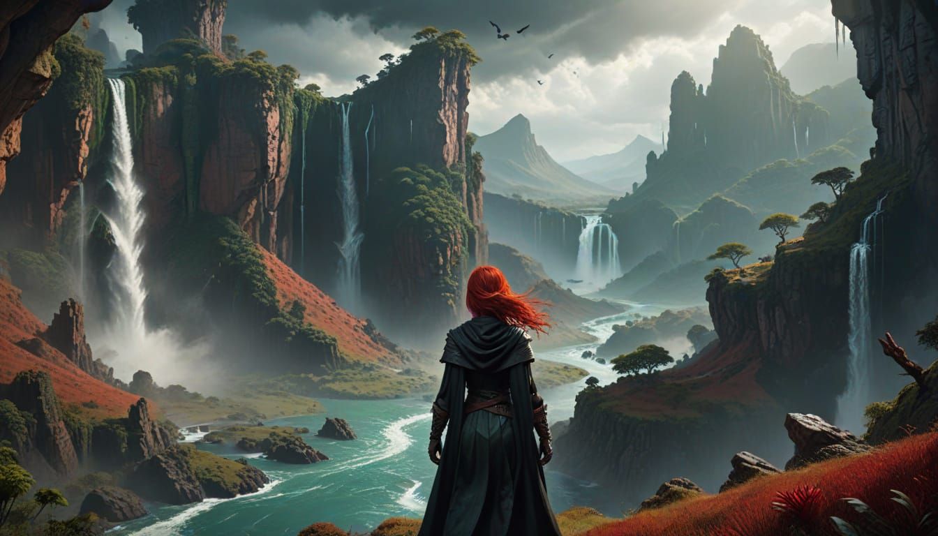  female adventurer with red hair cut behind her shoulders, emerald eyes, dressed in red-and-black leather adventuring clothes and cloak, sta...