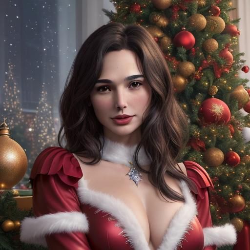 In a picturesque scene that captures the essence of holiday charm, the enchanting Gal Gadot graces the frame adorned in ...