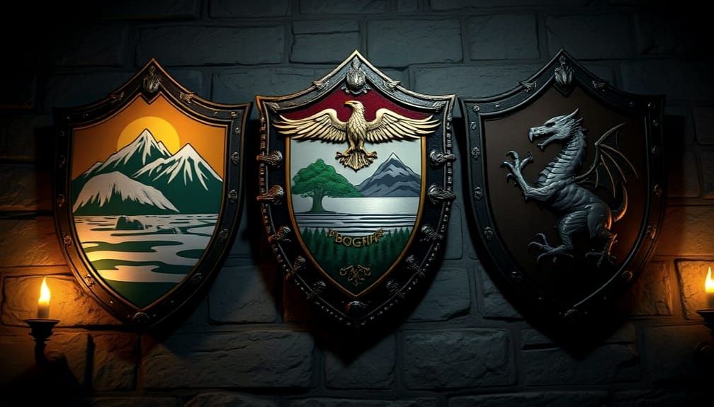 Three medieval shields representing three fictional countries hanging on the wall in a dark medieval castle 