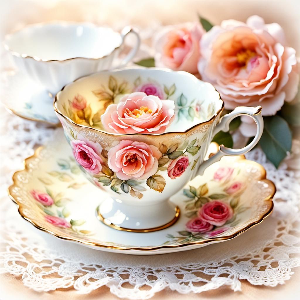 Elegant Teacup with Roses in Watercolor Style