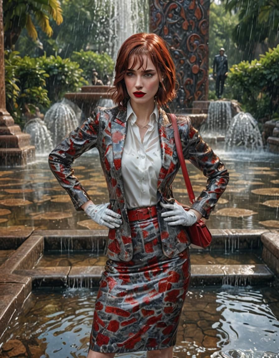 Photo-realistic image of    tall glamorous woman with red li...