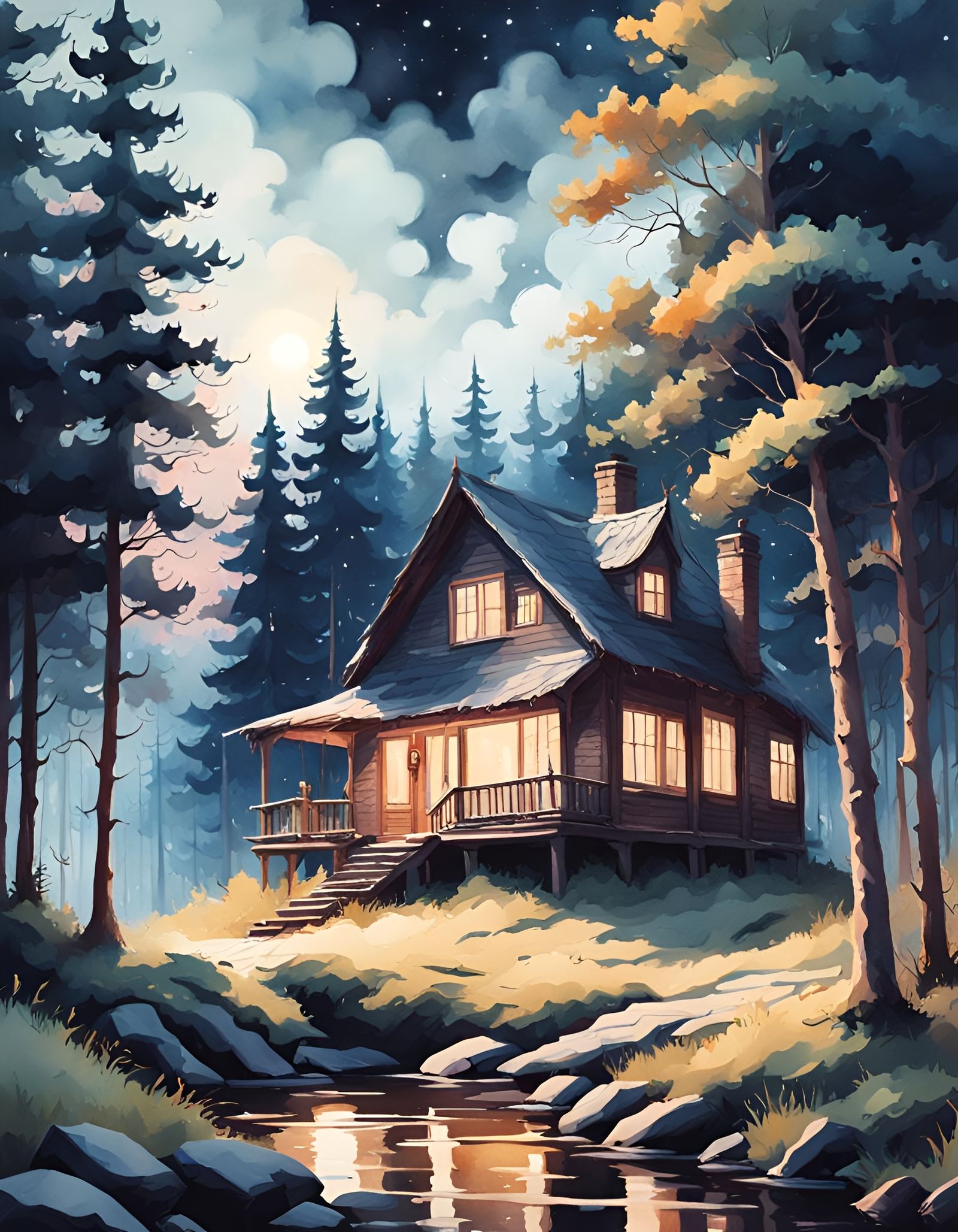Cottage in Forest Under Starry Sky: Watercolor Painting