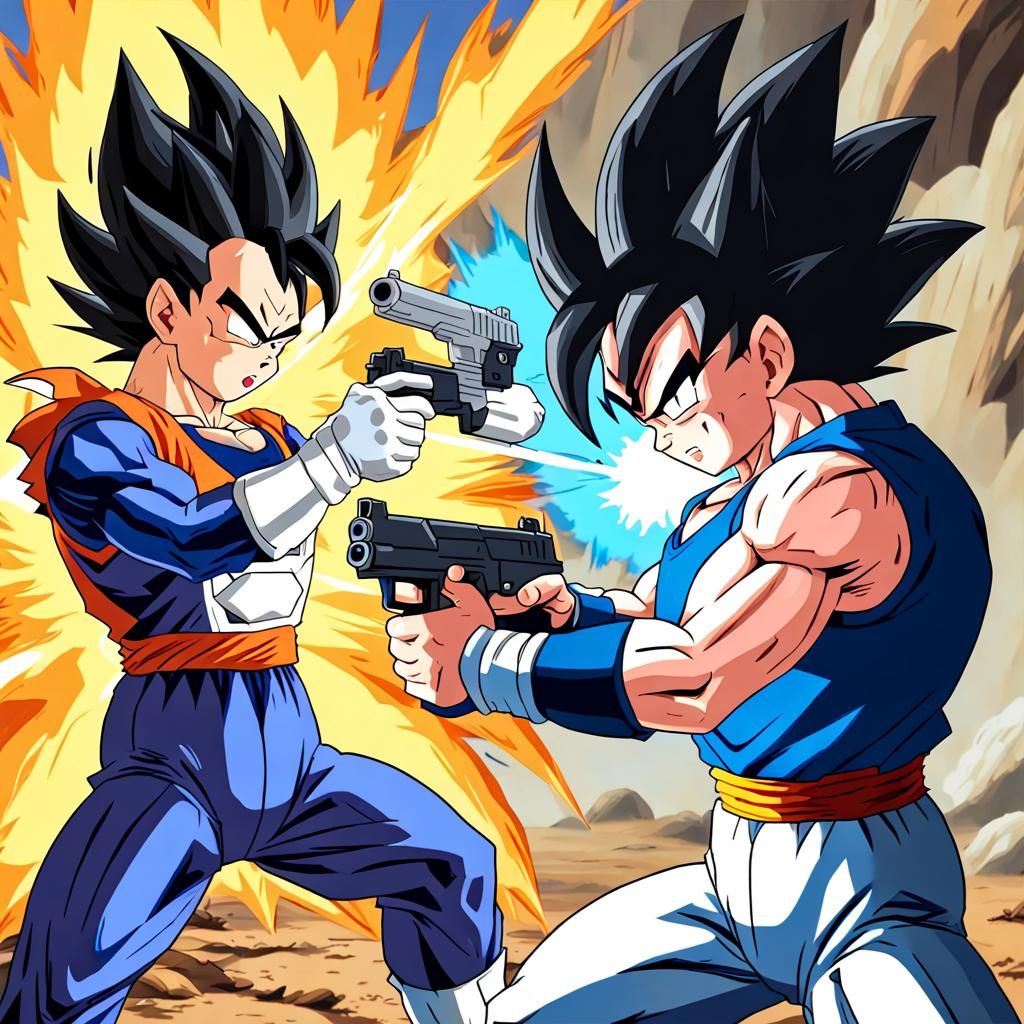 Goku shooting Vegeta with a gun