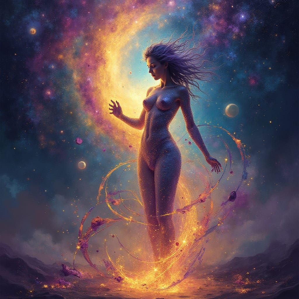 An ethereal woman stands amidst a swirling vortex of liquid starlight and nebulae, her form composed of shimmering, iridescent cosmic dust. ...