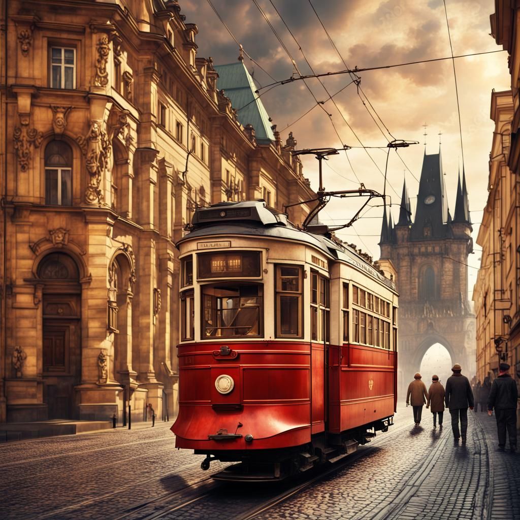 Old red tram in a Prague street circa 1975, masterpiece, day light scene,  Epic cinematic brilliant stunning intricate meticulously detailed... - AI  Generated Artwork - NightCafe Creator