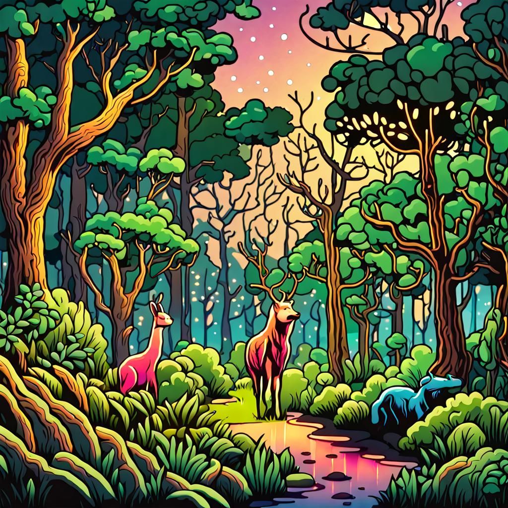Fluorescent Animals Illuminate Enchanted Forest Night