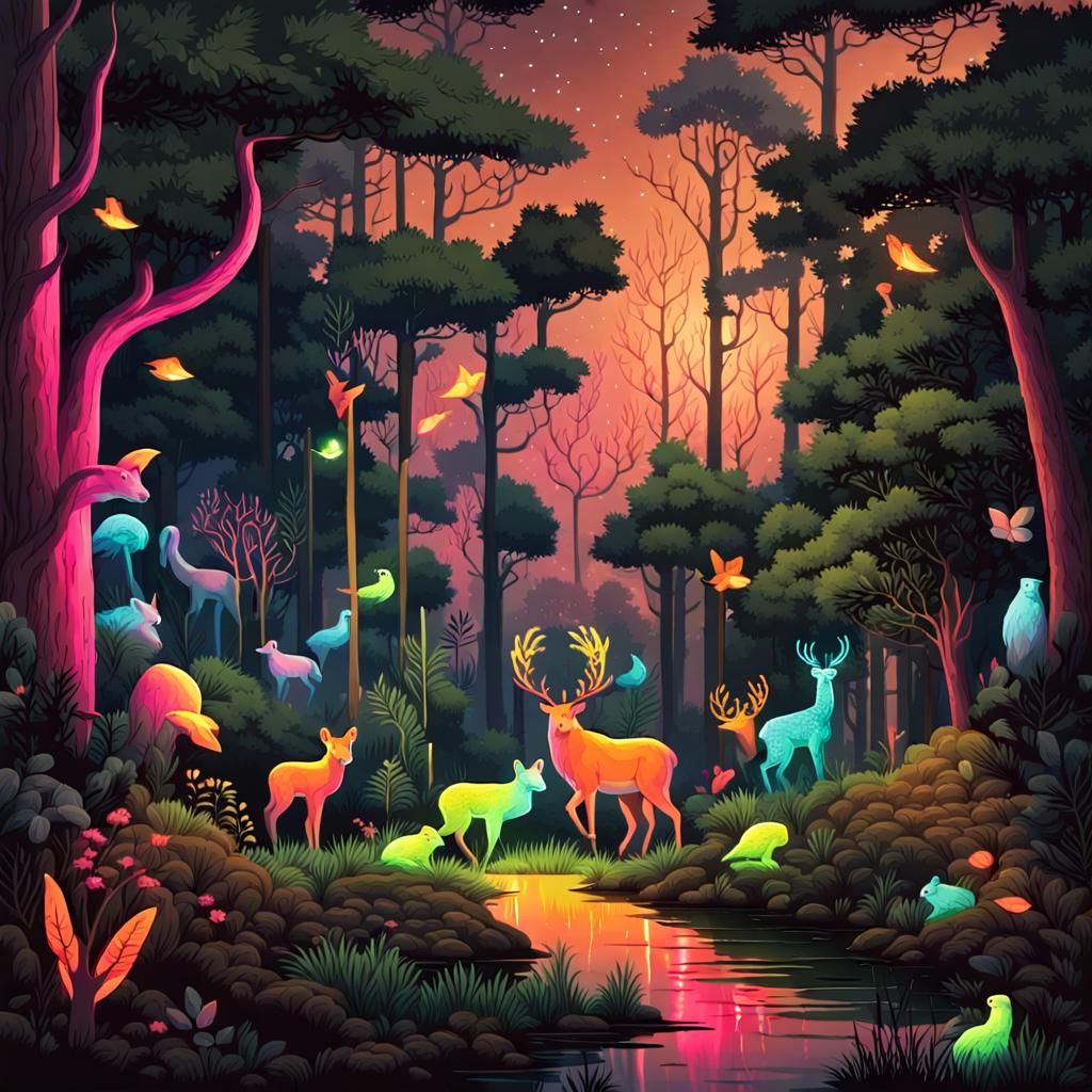 Fluorescent Animals Illuminate Enchanted Forest Night