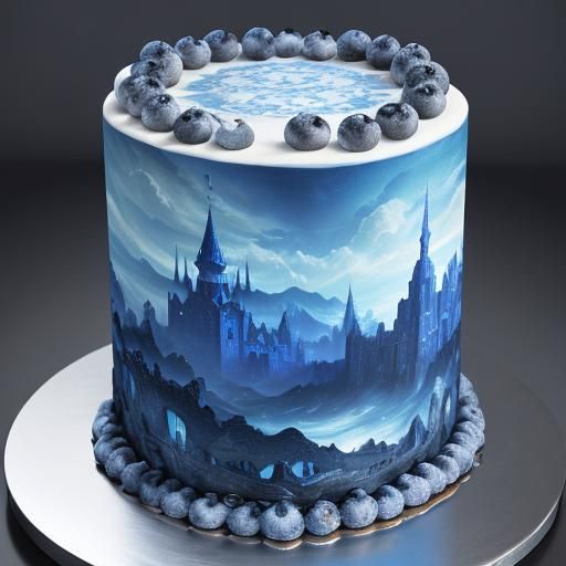 This round triple-tier blueberry cake is designed with a fan...