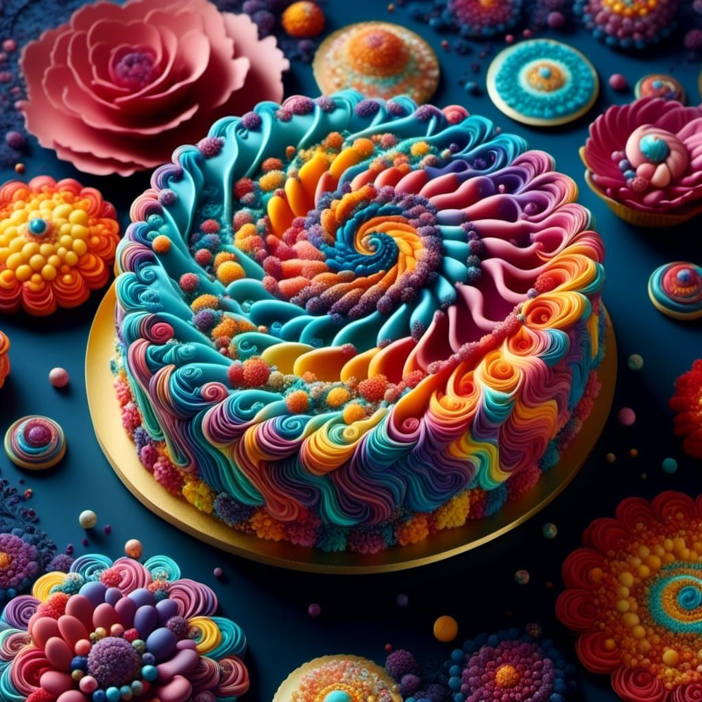 <lora:Fractalicious:1.0> A 3D hyperrealistic hyperdetailed mouth watering cake crafted intricated Fractal buttercream patterns, Vibrant Frac...