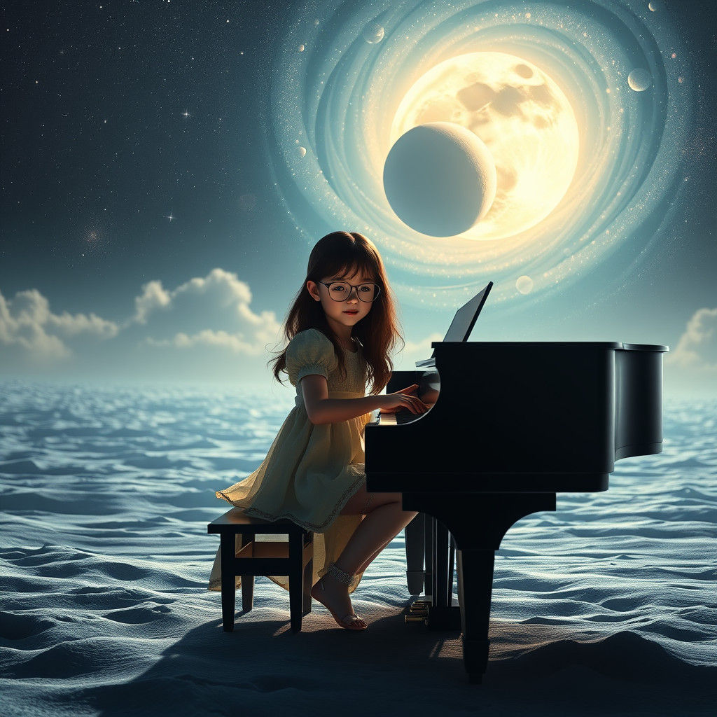 niña de lentes y cabello largo toca el piano en la luna