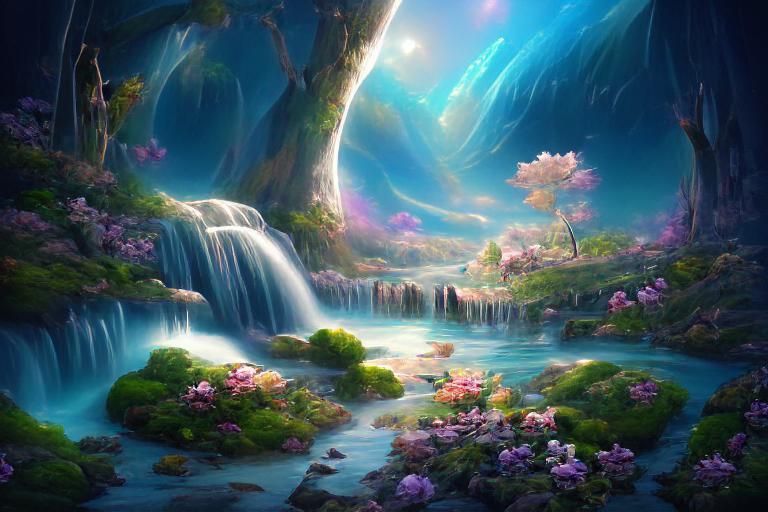 Magical Waterfall in Hyperrealistic Fantasy World