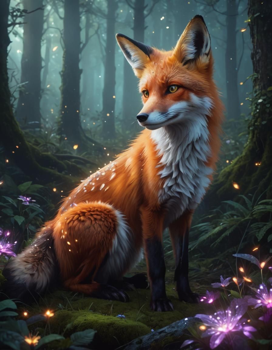 Detailed picture of a fox in a forest with glowing fireflies...