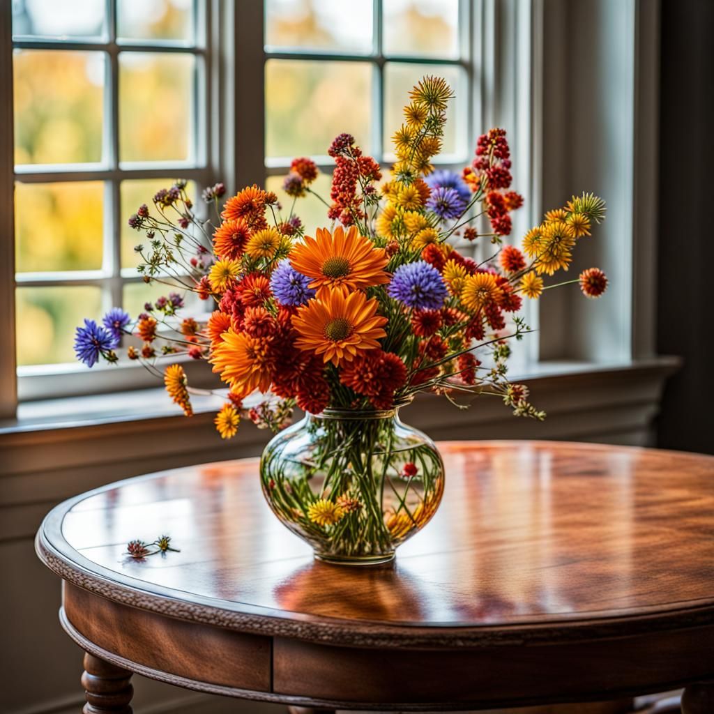 Intricate bright vividly colored vase of fall wildflowers on a table by the window