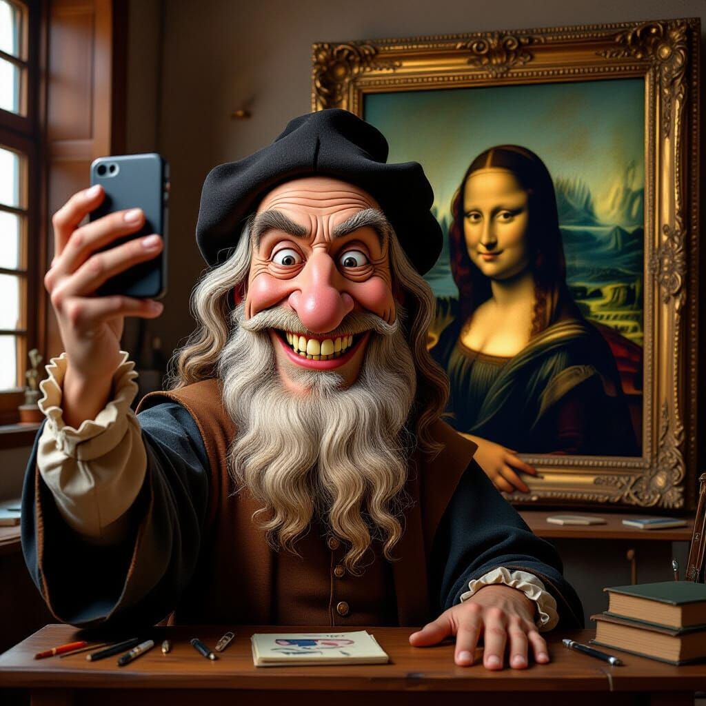 a whimsical, humorous caricature of the famous Renaissance artist and polymath Leonardo da Vinci, with exaggerated features, stumpy limbs, l...