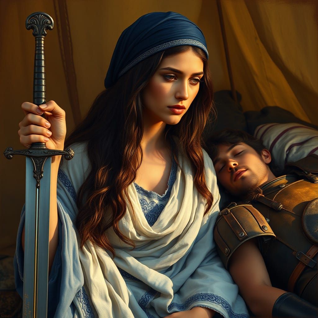 Serene Biblical Woman Wields Sword in Intimate Tent Scene