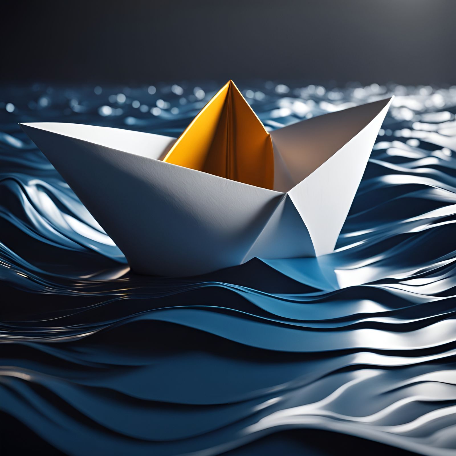 hyperealism paper boat floating on waves of hyperdetailed We...