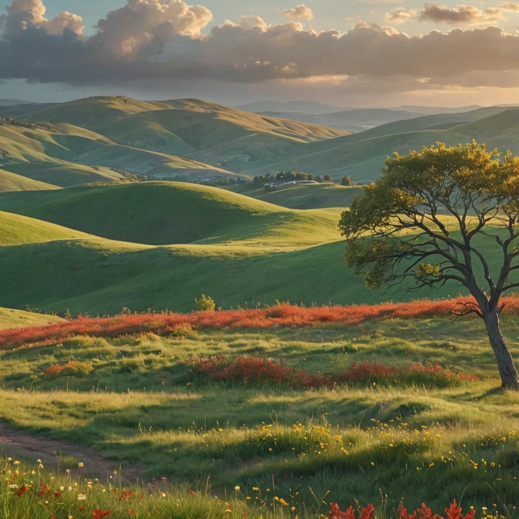 Rolling Green Hills in Morning Light: Fantasy Landscape