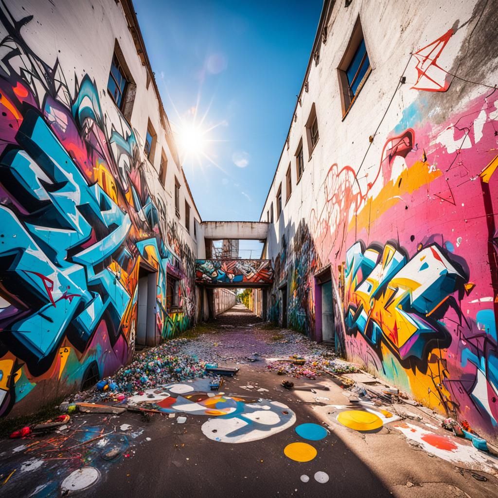 Big white wall, colorful graffiti covering the wall