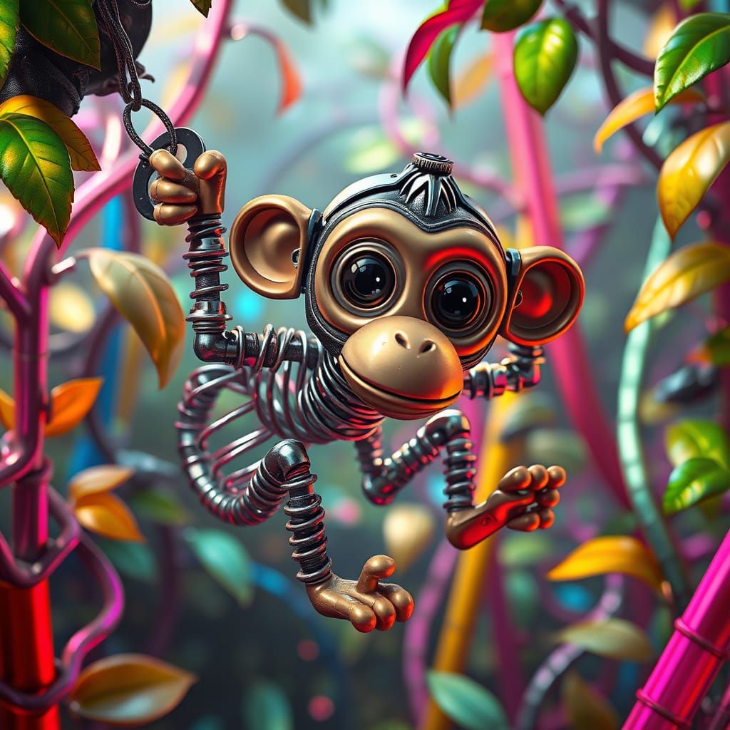 “A whimsical, big-eyed monkey made of springs, nuts, and bolts, full of personality and charm. Its metallic ...  by @LuminousVisions