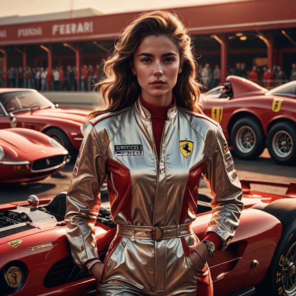 a stunning female Formula 1 driver striking a confident pose in front of a classic vintage Ferrari. She is dressed in stylish Ferrari racing...