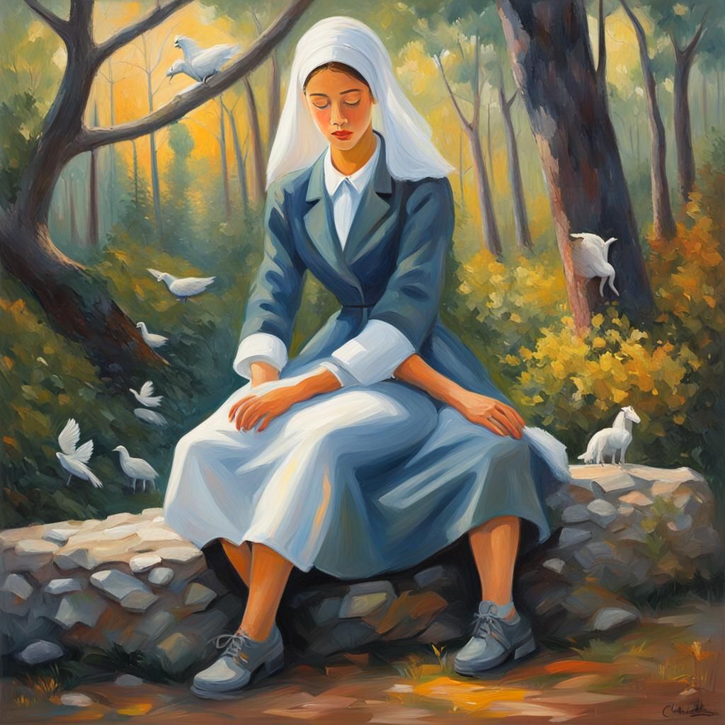 Girl in Forest with Horses: Expressionist Oil Painting