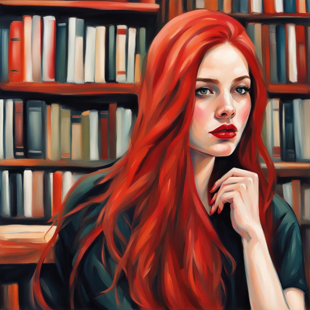 University student, long red hair, kohl eyeliner, plump red ...