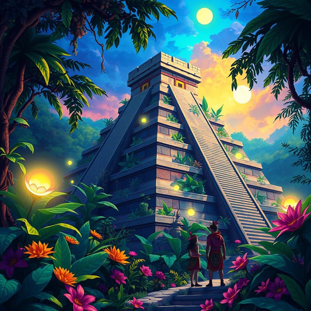 Ethereal Mayan-Aztec Pyramid in Vibrant Jungle Par... - AI Art