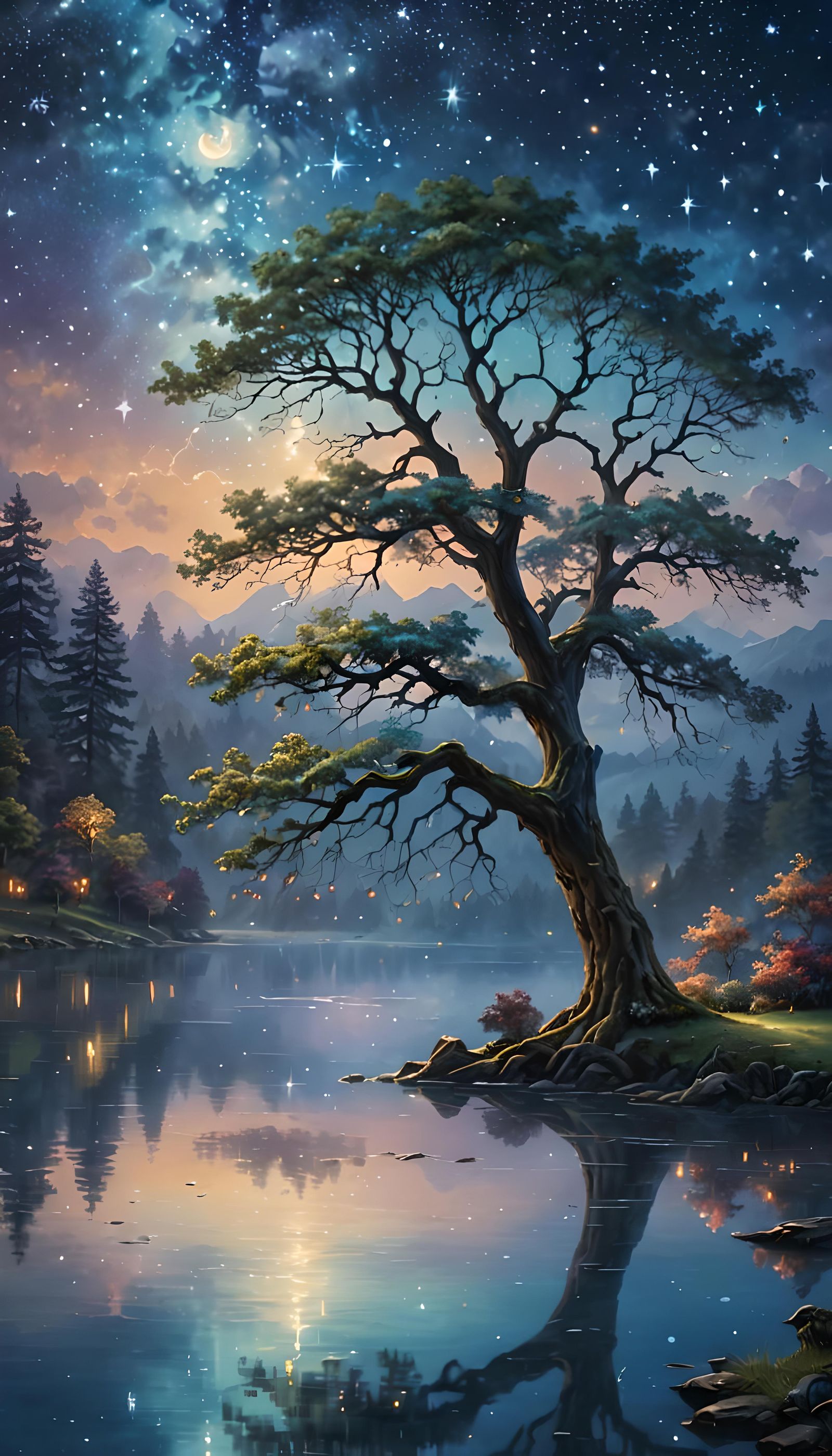 Tree Reflecting Sunlight and Starry Night