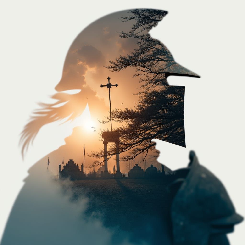 <lora:MJ7 Double Exposure:1.0> Double exposure photography of a knight helmet silhouette with battlefield ruins and flags, sharp focus, doub...