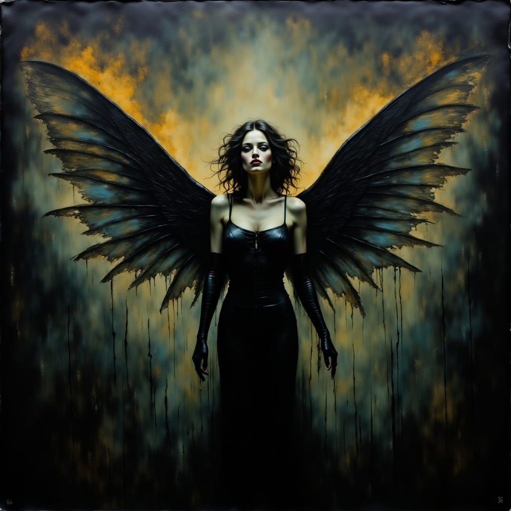 Maxfield Parrish, Gertrude Agnew, oil painting on black background, magical ethereal fairy woman, full length pose, whispy wings, textured o...