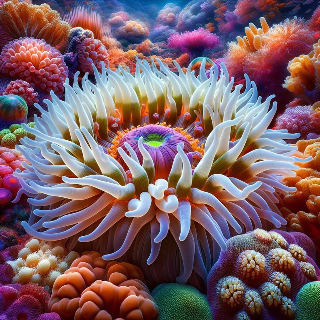Macrophotogrpahy hyperrrealism anemone blossom, vivid colorf...