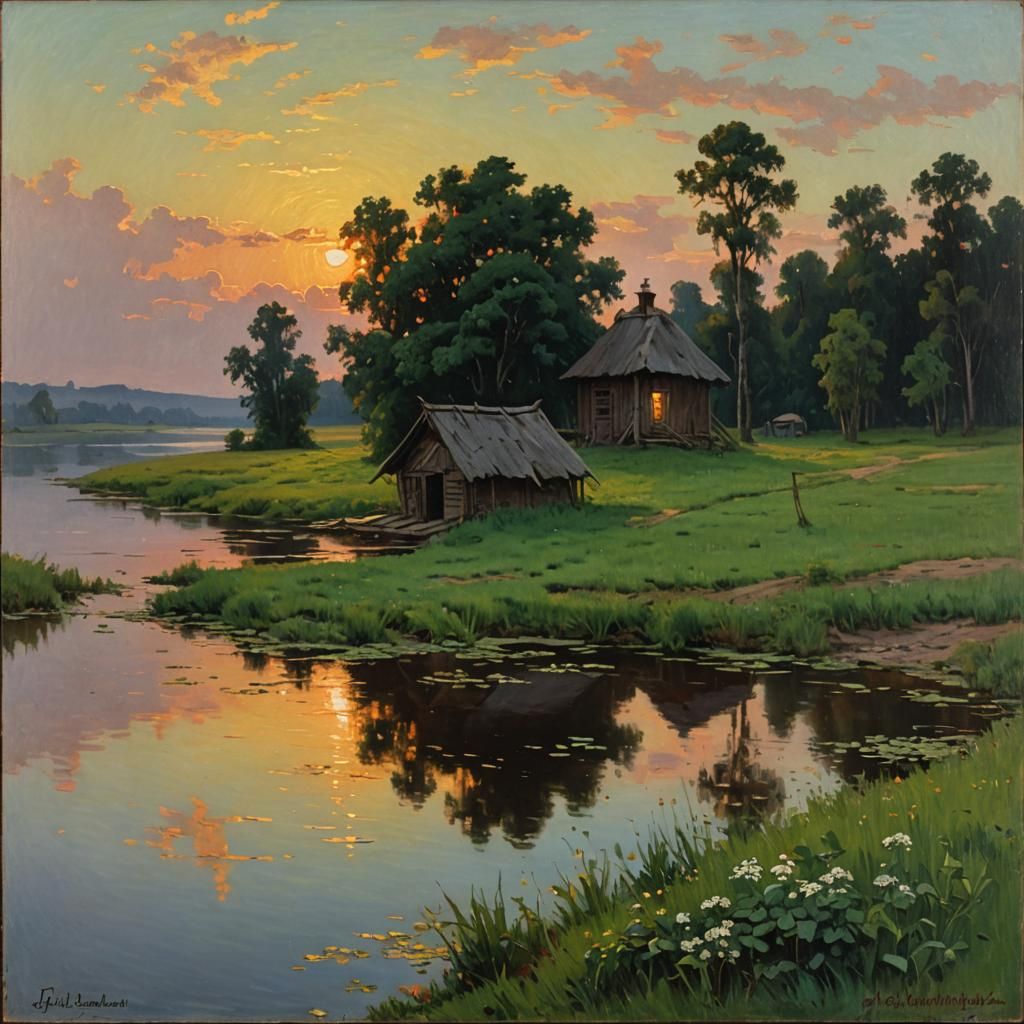 "A hut by the river. Sunset"