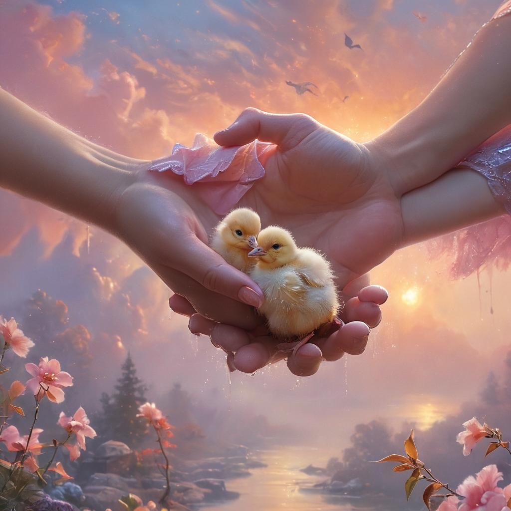 Hands Holding Chicks at Sunset: Dreamy Impressionism