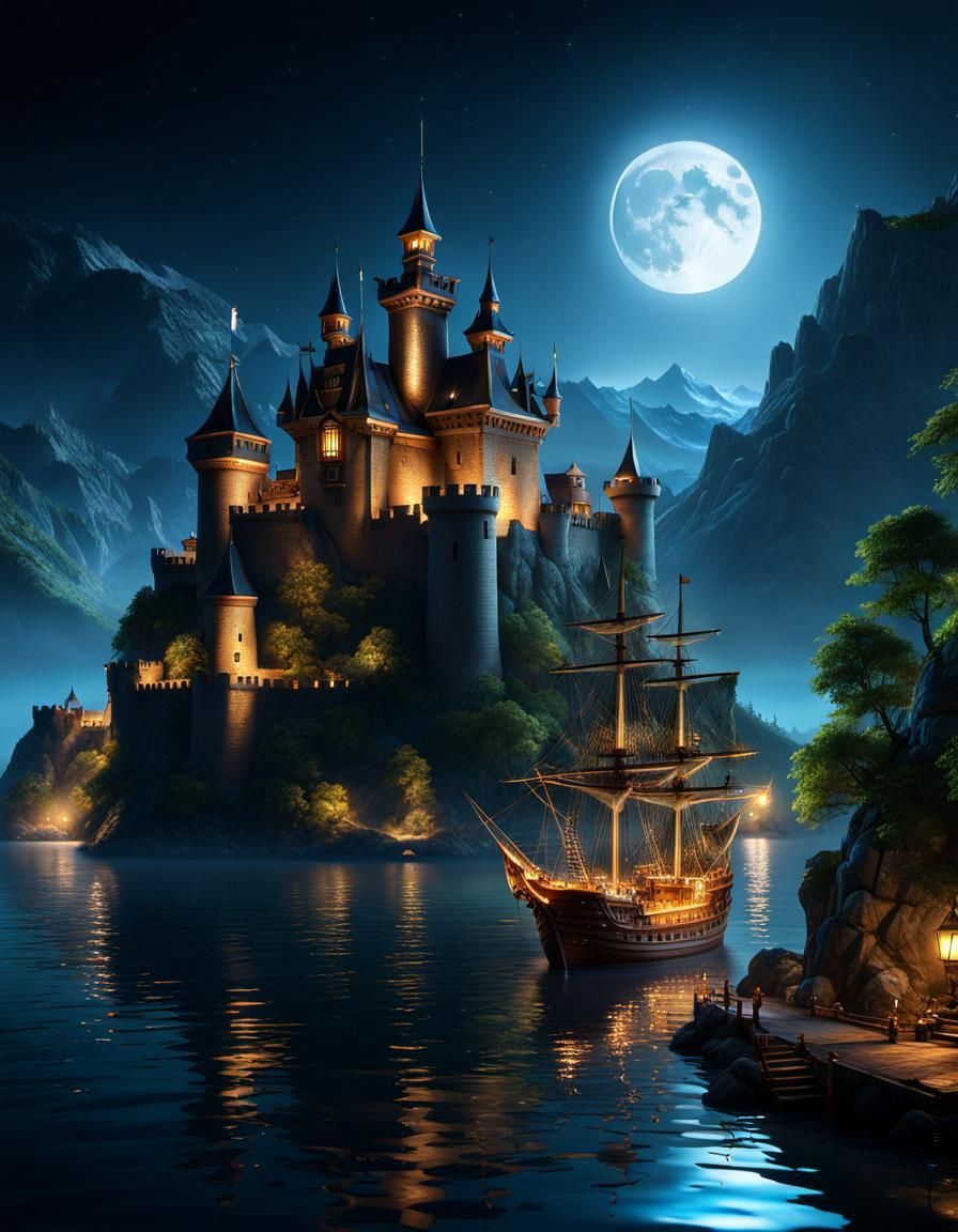 a castle, a pirate ship on the water,