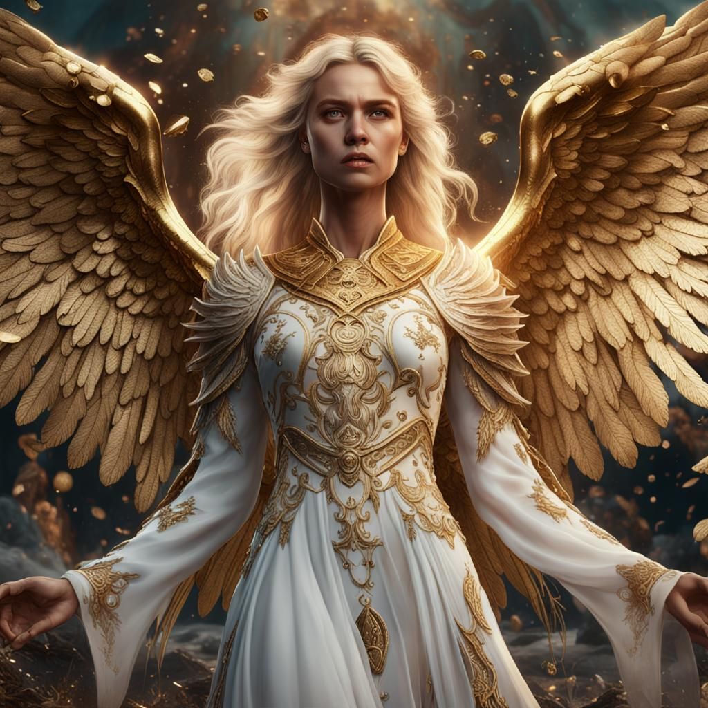 Crying Blonde Angel in White silk gown with Gold intricate d...