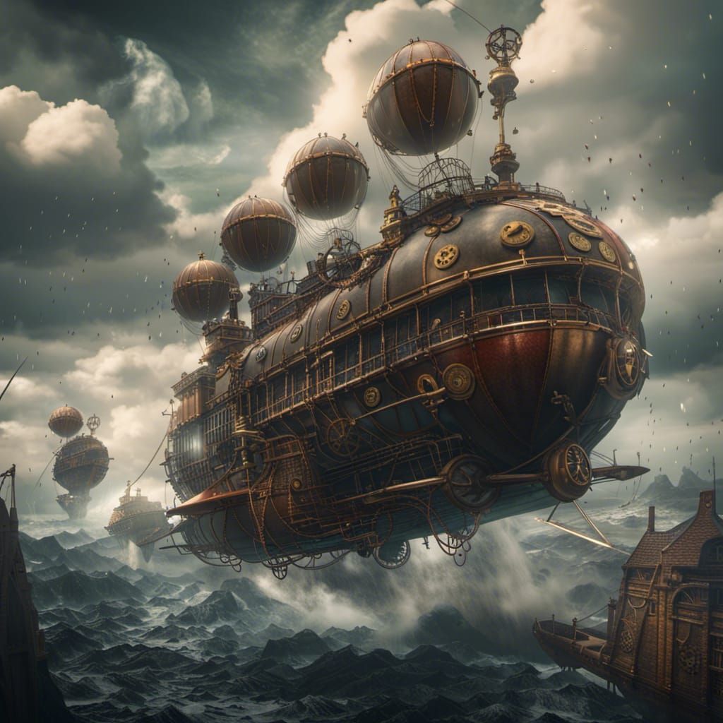 Steampunk Airship fleet flying through rough storm clouds - AI ...