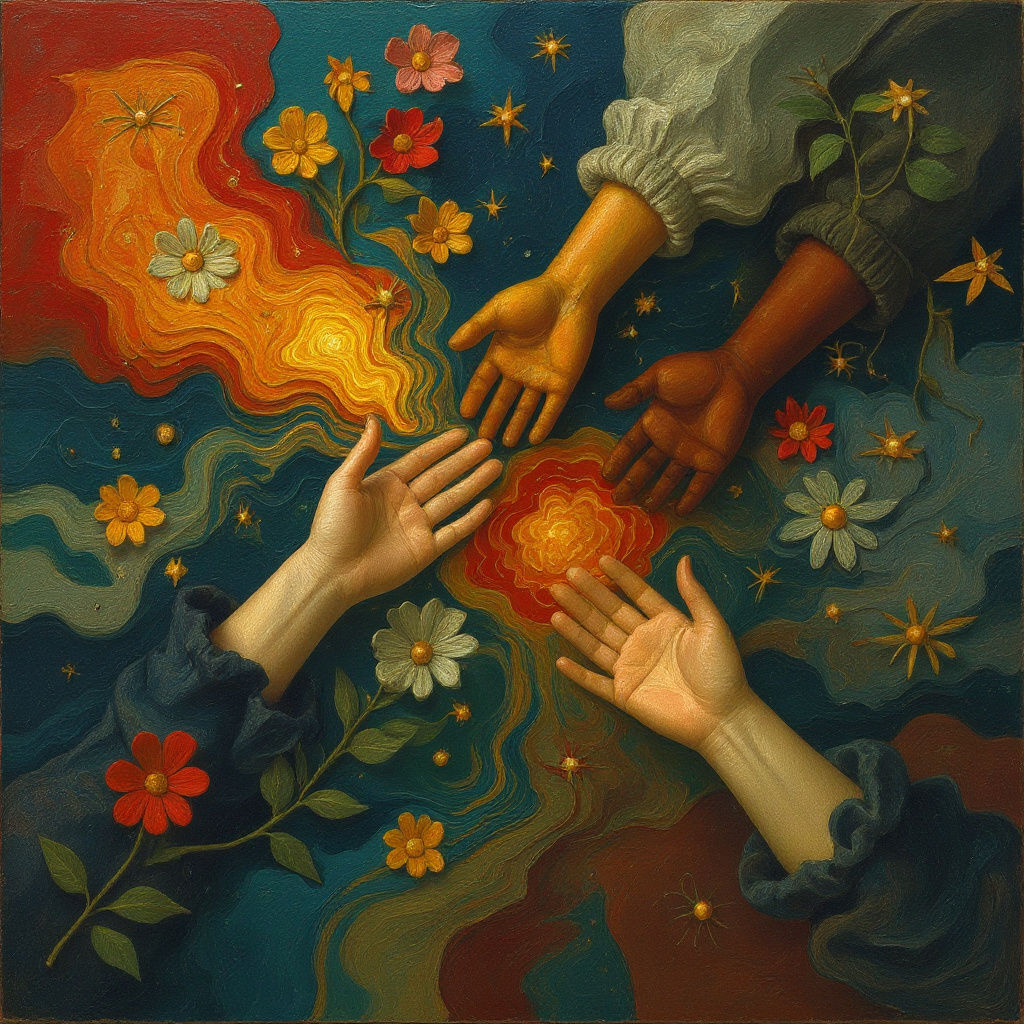 Abstract expressionism. A vibrant explosion of color and light, symbolizing the spread of kindness. Swirling patterns of warm hues like gold...