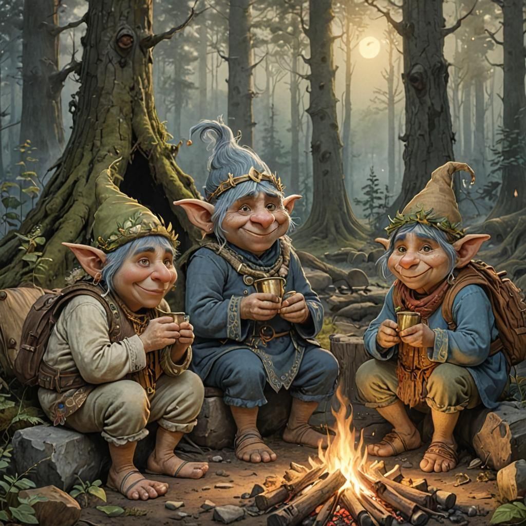 Trolls by a campfire
