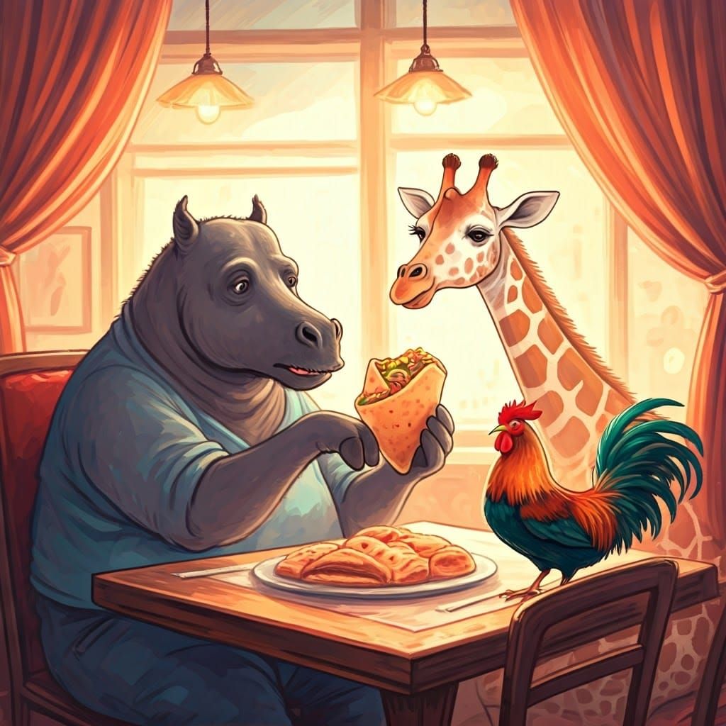 Whimsical Friends Enjoy Pita in Cozy Restaurant Scene