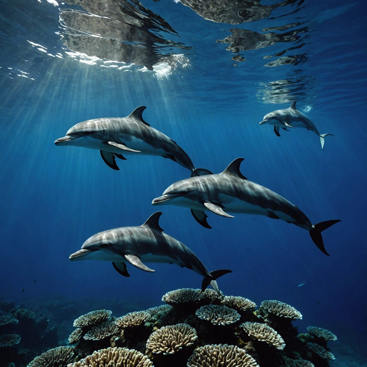 A pod of dolphins authentic playing swimming in the deep dar...