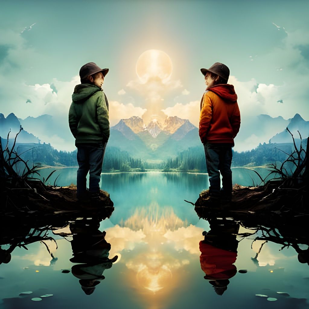 "centered boy looking at his reflection in lake, mirrored reflection
