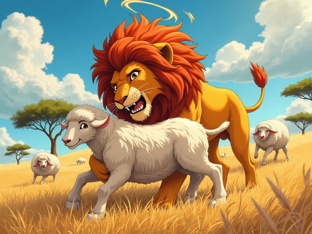 Lion Grasping Sheep in Anime Style Savannah